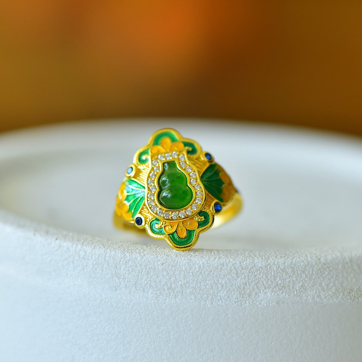 S925 Sterling Silver Nephrite Jade Full of Luck Gourd Ring