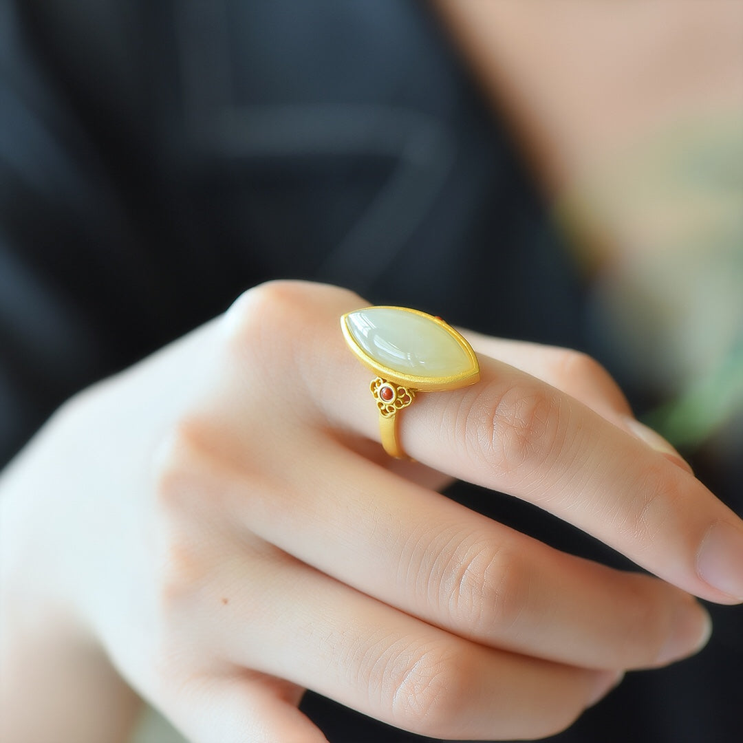 S925 Silver Nephrite Jade Ring - Frosted Gold Minimalist Design