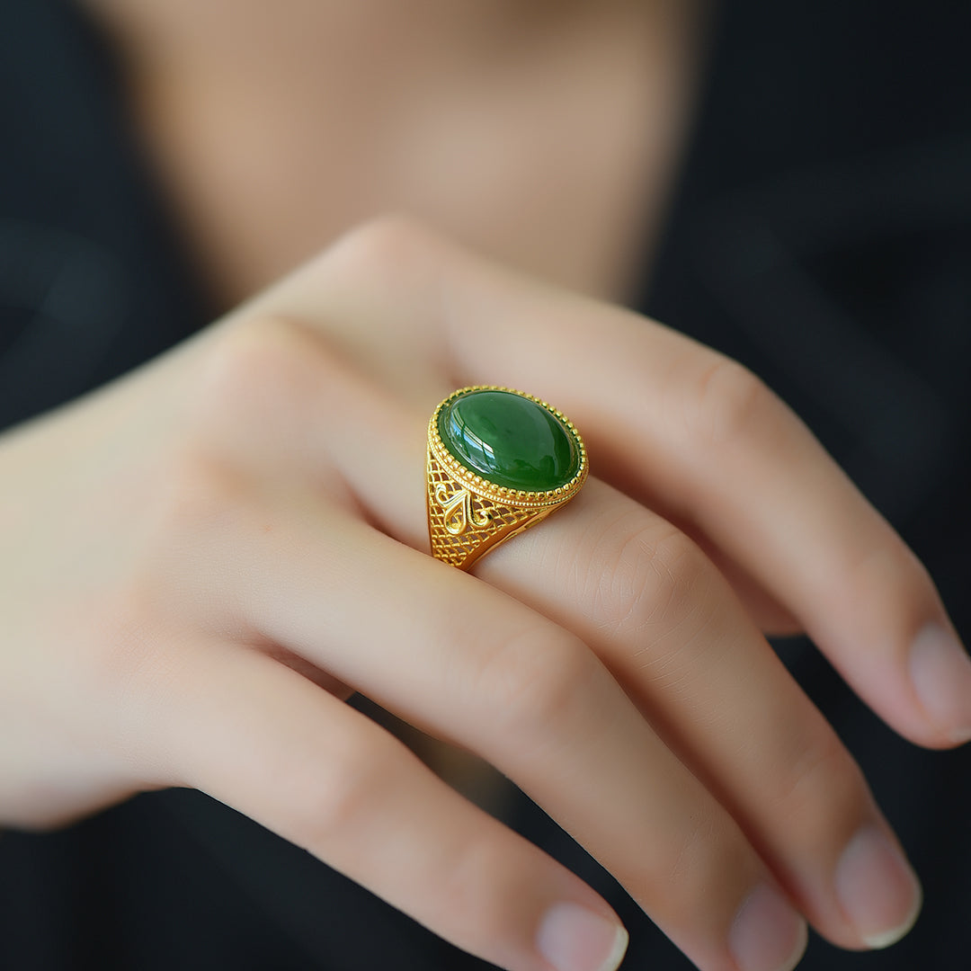 S925 Sterling Silver Nephrite Green Jade Love at First Sight Ring