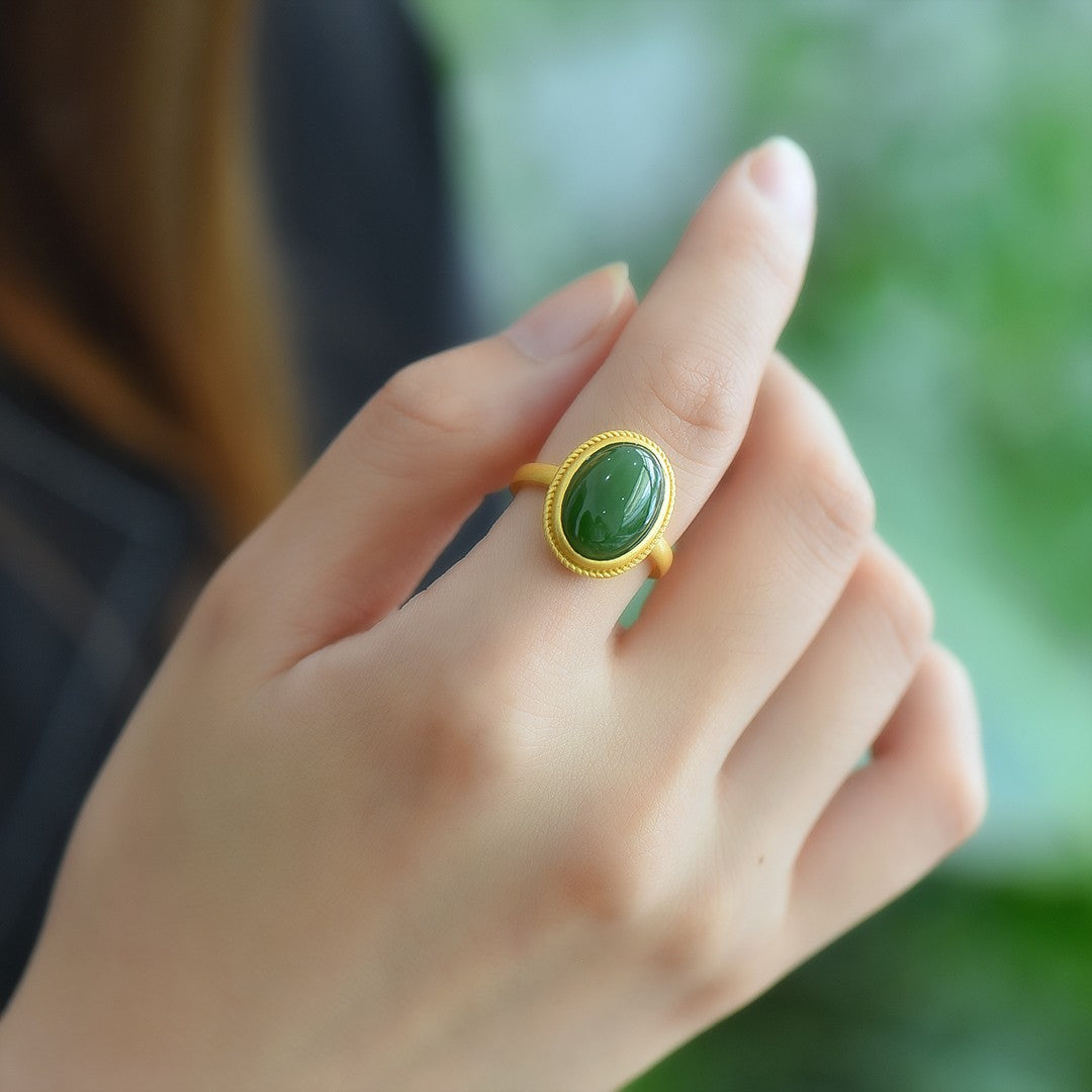 S925 Silver Nephrite Jade Ruyi Frosted Gold Ring - Artisan Design
