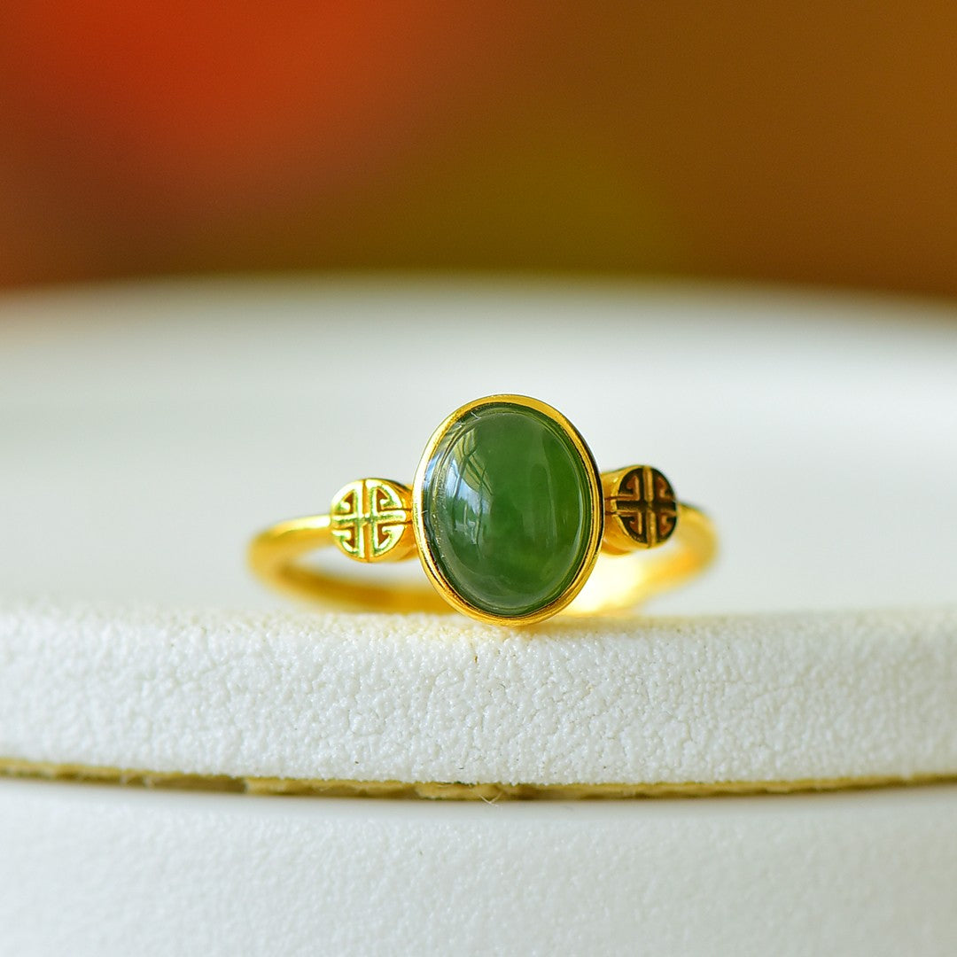 S925 Silver Nephrite Green Jade Cabochon Ring - Prosperity Design