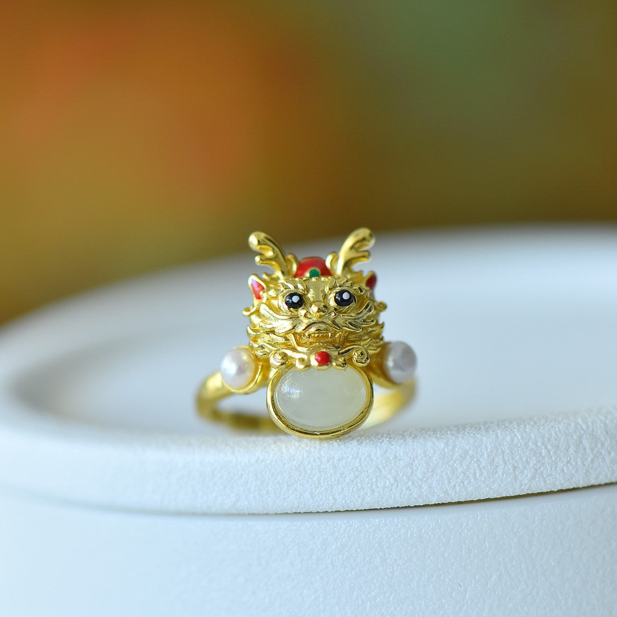 S925 Sterling Silver Nephrite Jade Dragon Cabochon Ring - Unique Style