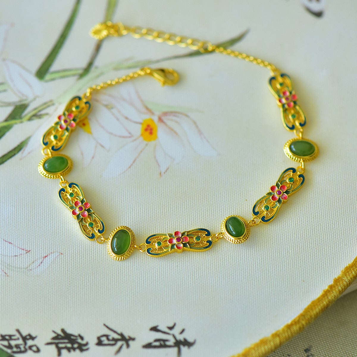 S925 Sterling Silver Nephrite Jade Bangle - Plum Blossom Unique Design