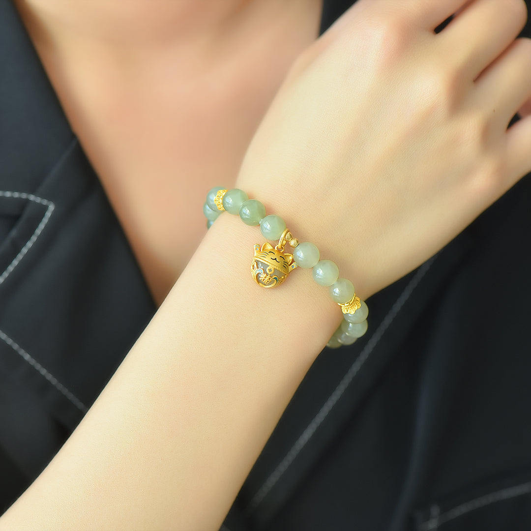 S925 Sterling Silver Nephrite Jade Bangle - Jade Rabbit & Moon Design