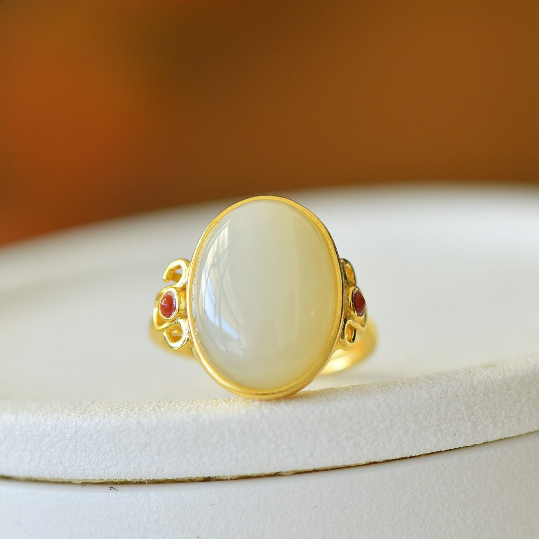 S925 Silver Nephrite Jade Ruyi Cabochon Ring - Elegant Style