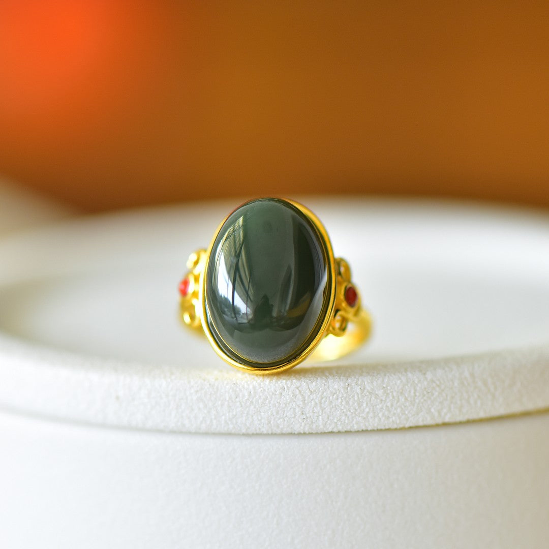 S925 Silver Nephrite Jade Auspicious Cloud Ruyi Ring - Elegant Style