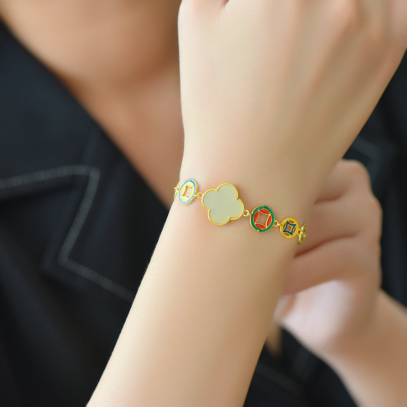 S925 Silver Enamel Nephrite Jade Bangle - Round Cabochon Fashion Style