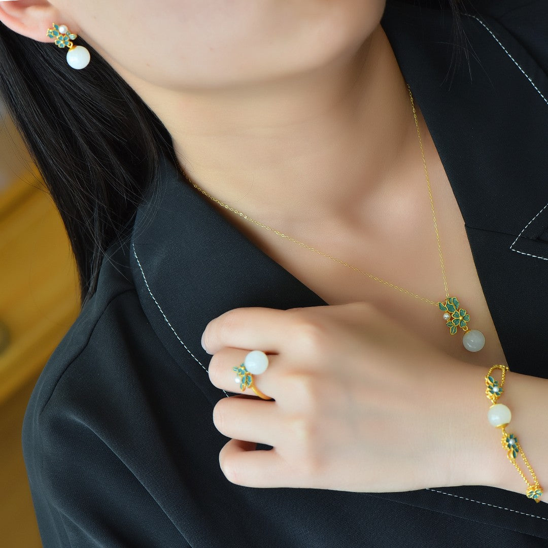 S925 Sterling Silver Nephrite Jade Summer Flower Jewelry Set