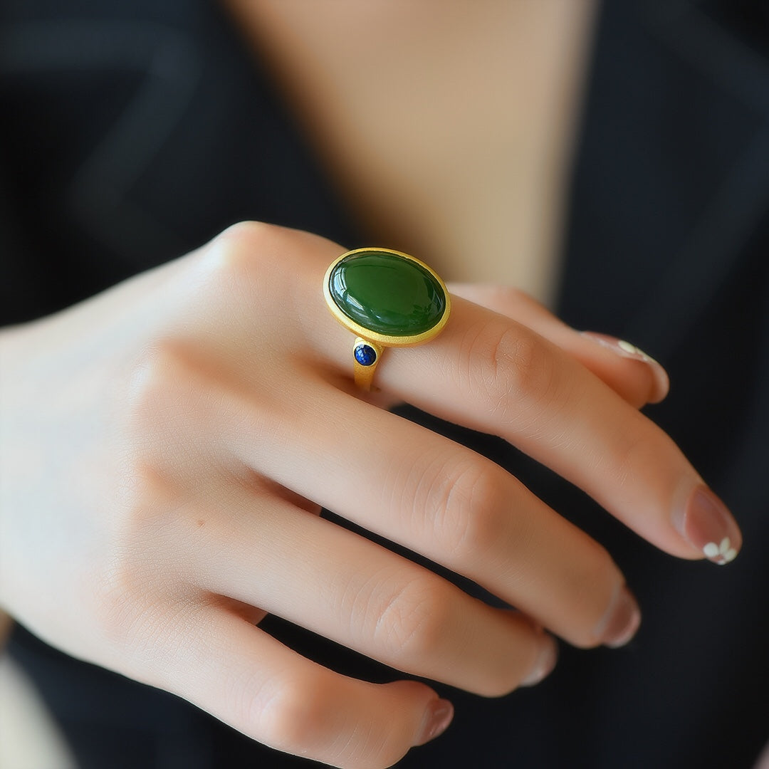 S925 Sterling Silver Nephrite Green Jade Cabochon Frosted Gold Ring