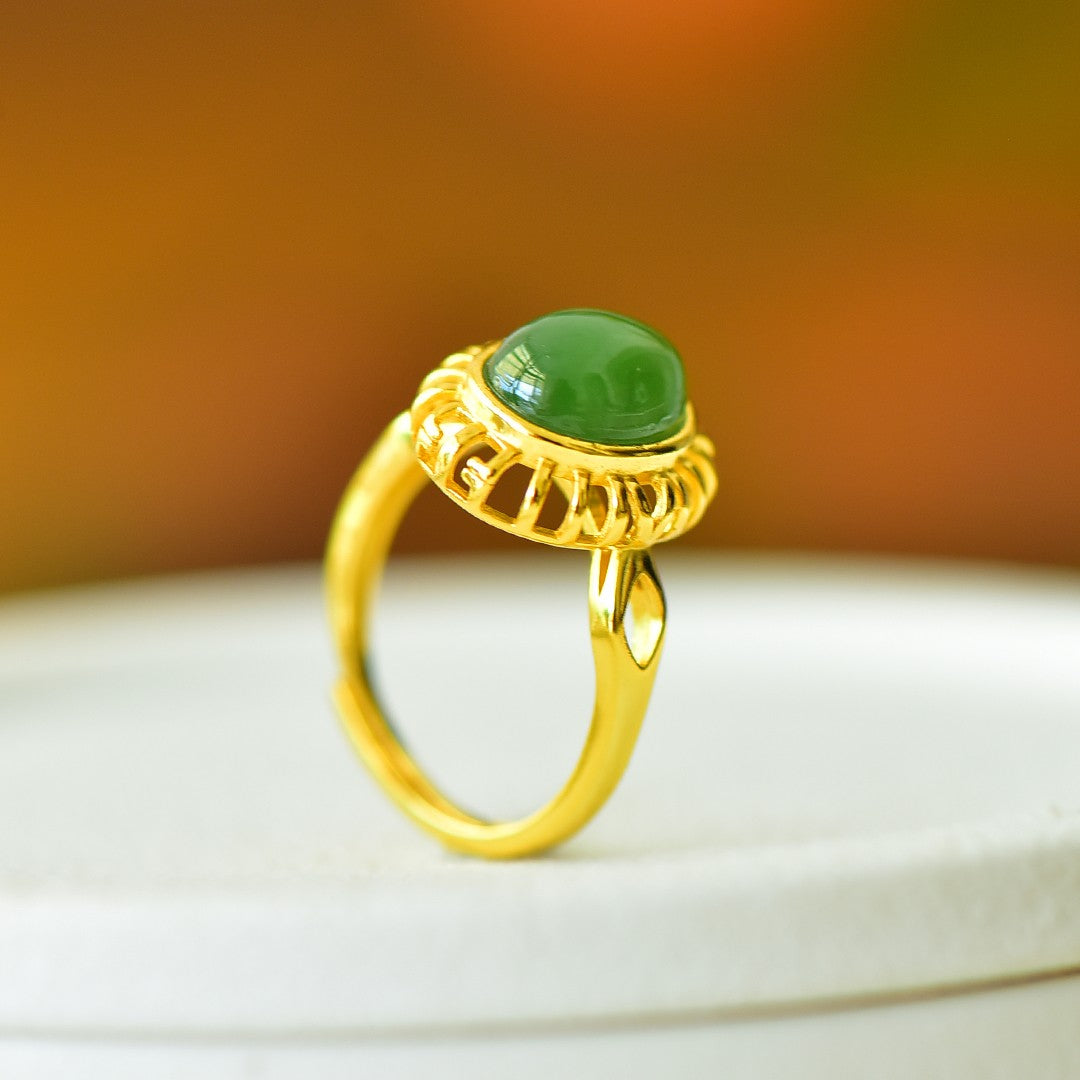 S925 Sterling Silver Enamel Nephrite Jade Cabochon Ring - Modern Style
