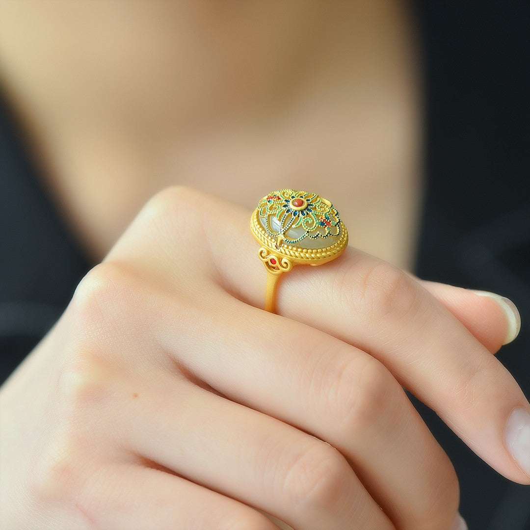 S925 Silver Enamel Nephrite Jade Prosperity Ring - Elegant Style