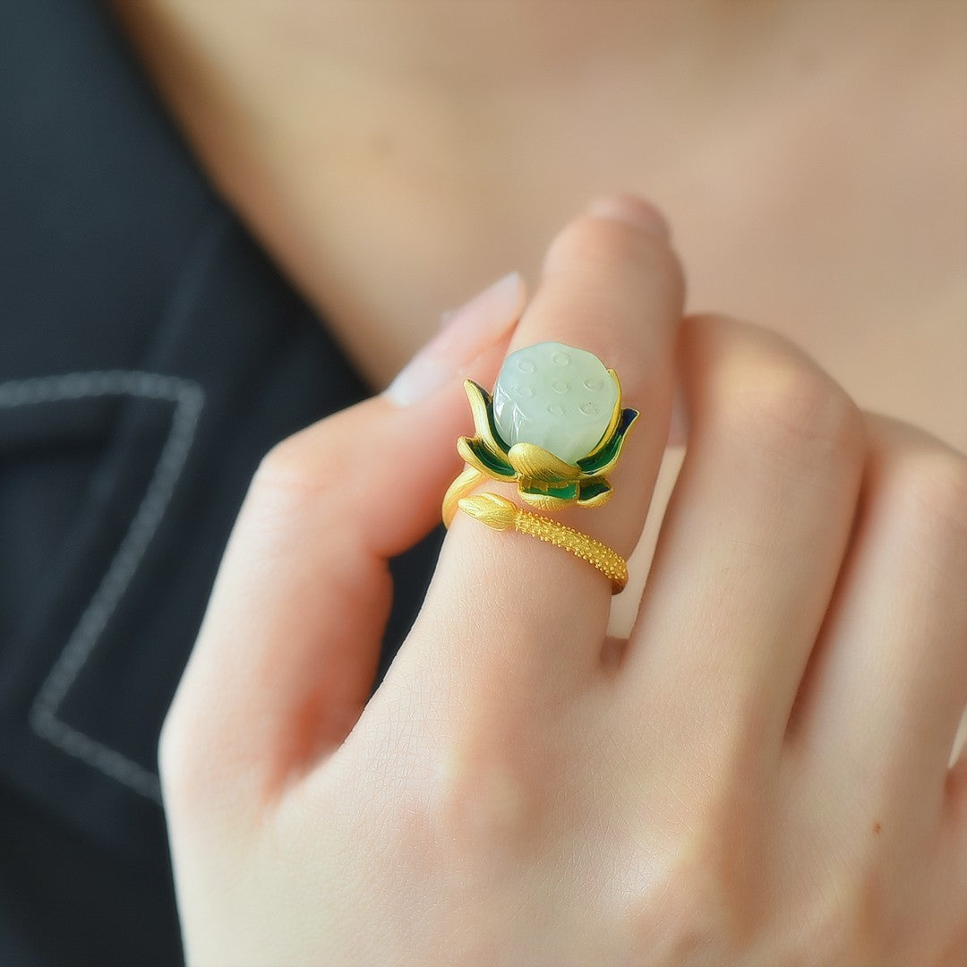 S925 Silver Nephrite Jade Lotus Pod Ring - Elegant Style
