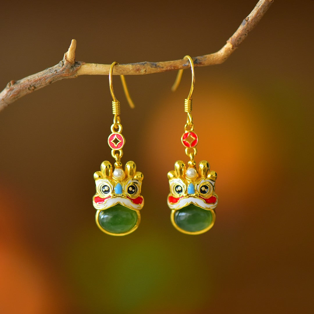925_Silver_Inlaid_Nephrite_Green_Jade_Cute_Dragon_Earrings_Fine_Texture_Pure_Simple_Elegant_With_Certificate_Box