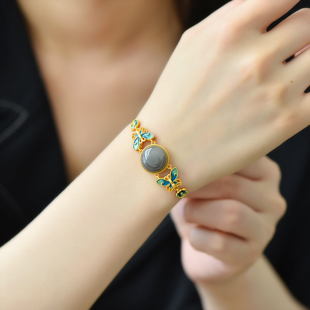 S925 Sterling Silver Smoky Jade Bangle - Butterfly Love Enamel Design