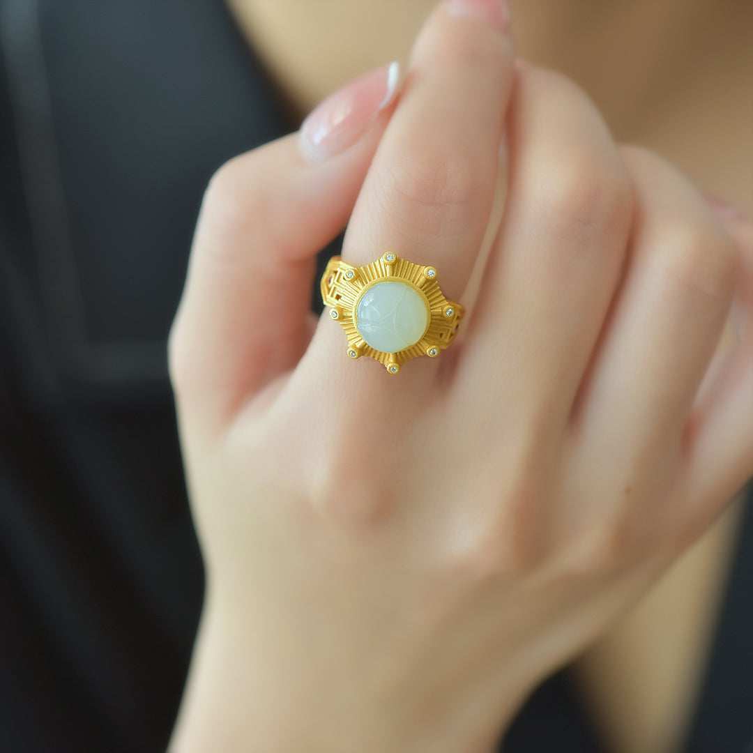 S925 Sterling Silver Nephrite Jade Moonlight Pavilion Design Ring