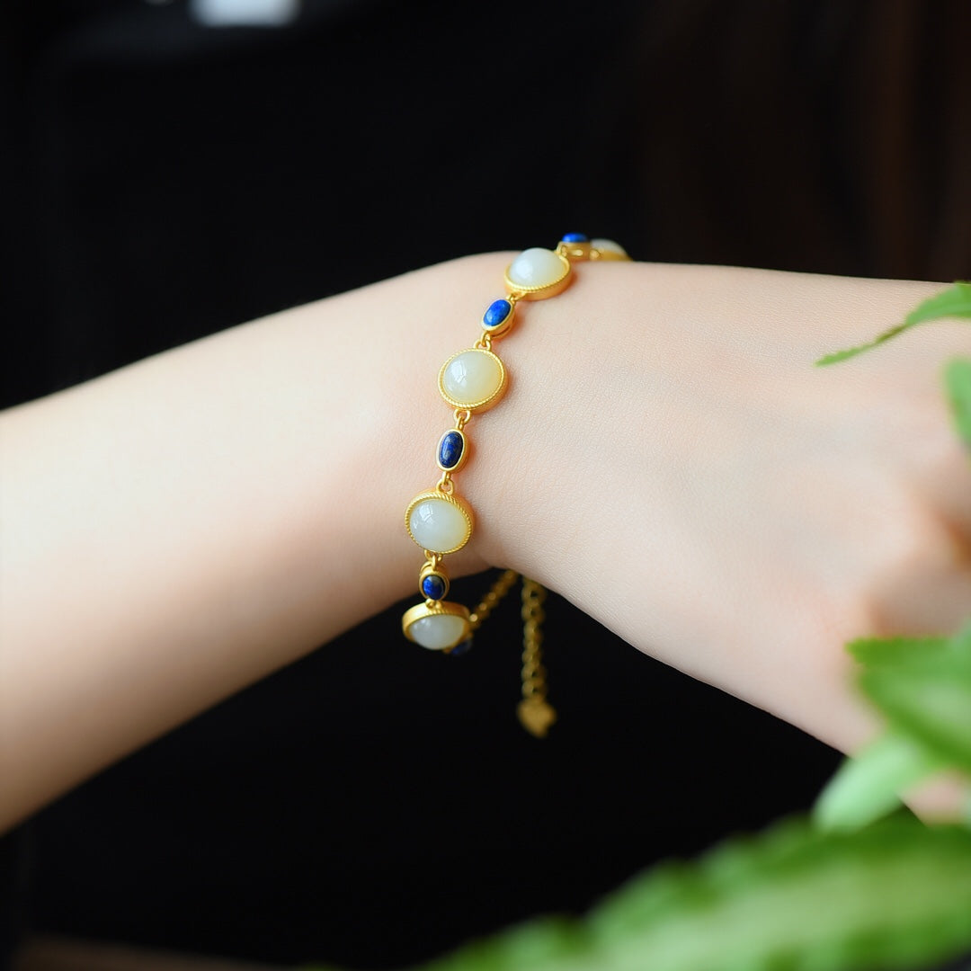 S925 Sterling Silver Nephrite Jade Bangle - Lapis Lazuli Accents Artisan Style