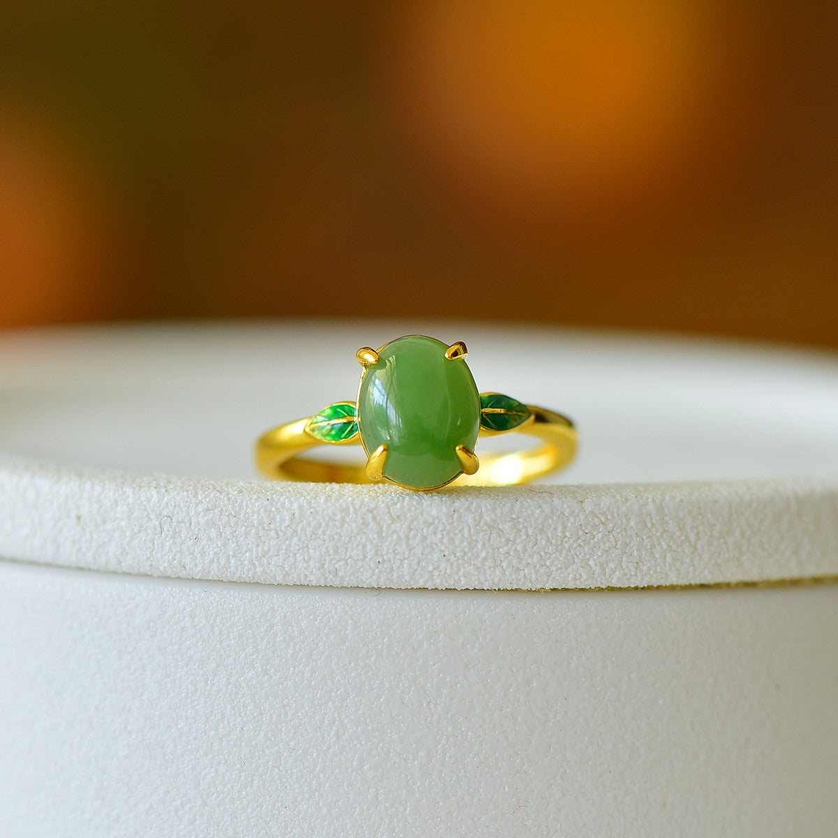 S925 Silver Enamel Nephrite Green Jade Noble Leaf Ring - Elegant Style