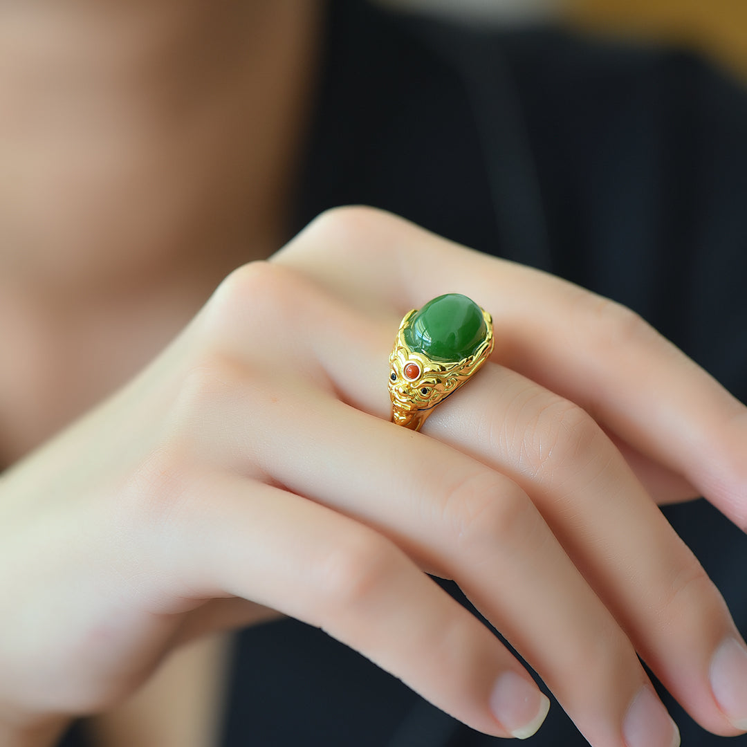 S925 Silver Enamel Nephrite Green Jade Peace & Longevity Ring