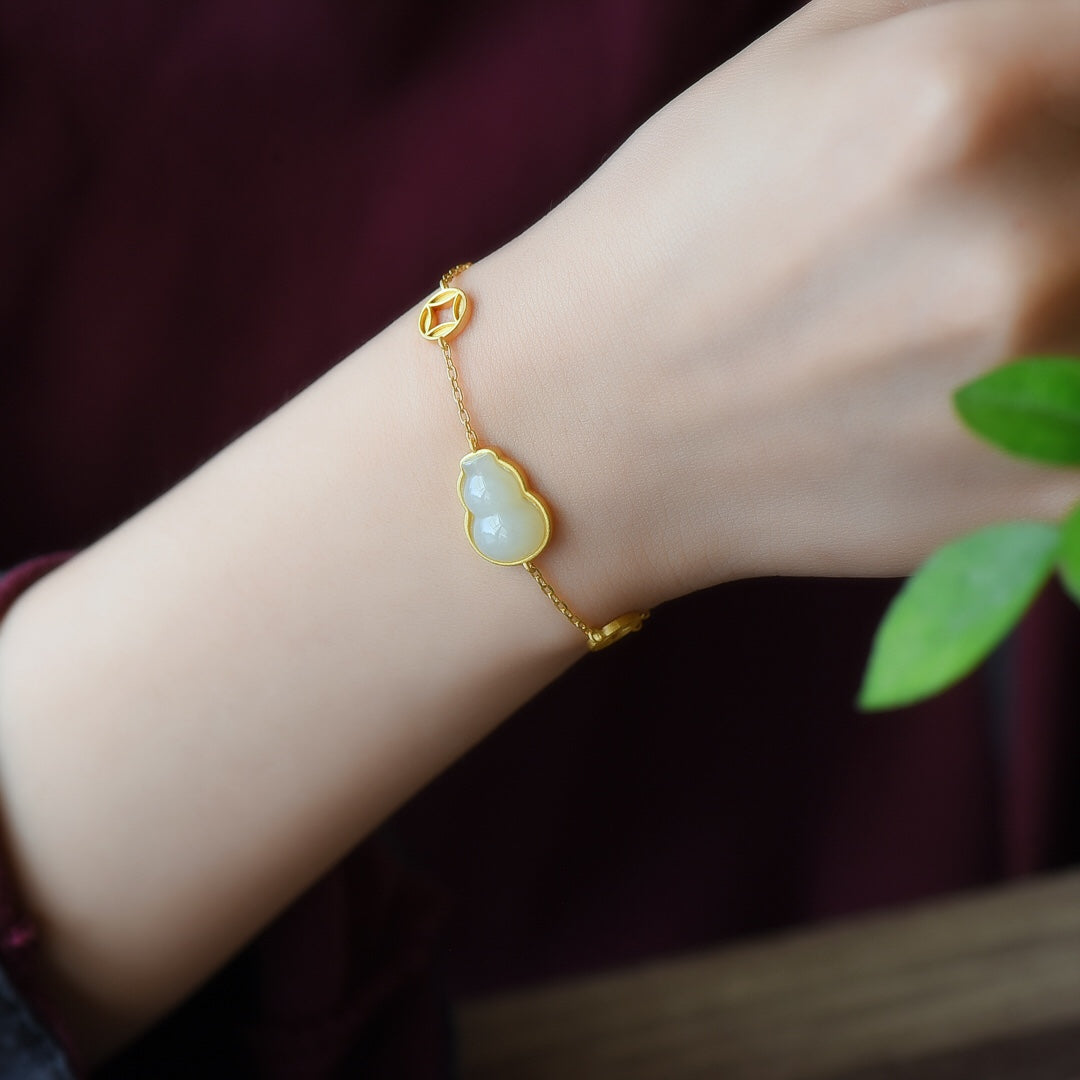 S925 Sterling Silver Nephrite Jade Bangle - Five-Petal Flower Unique Style