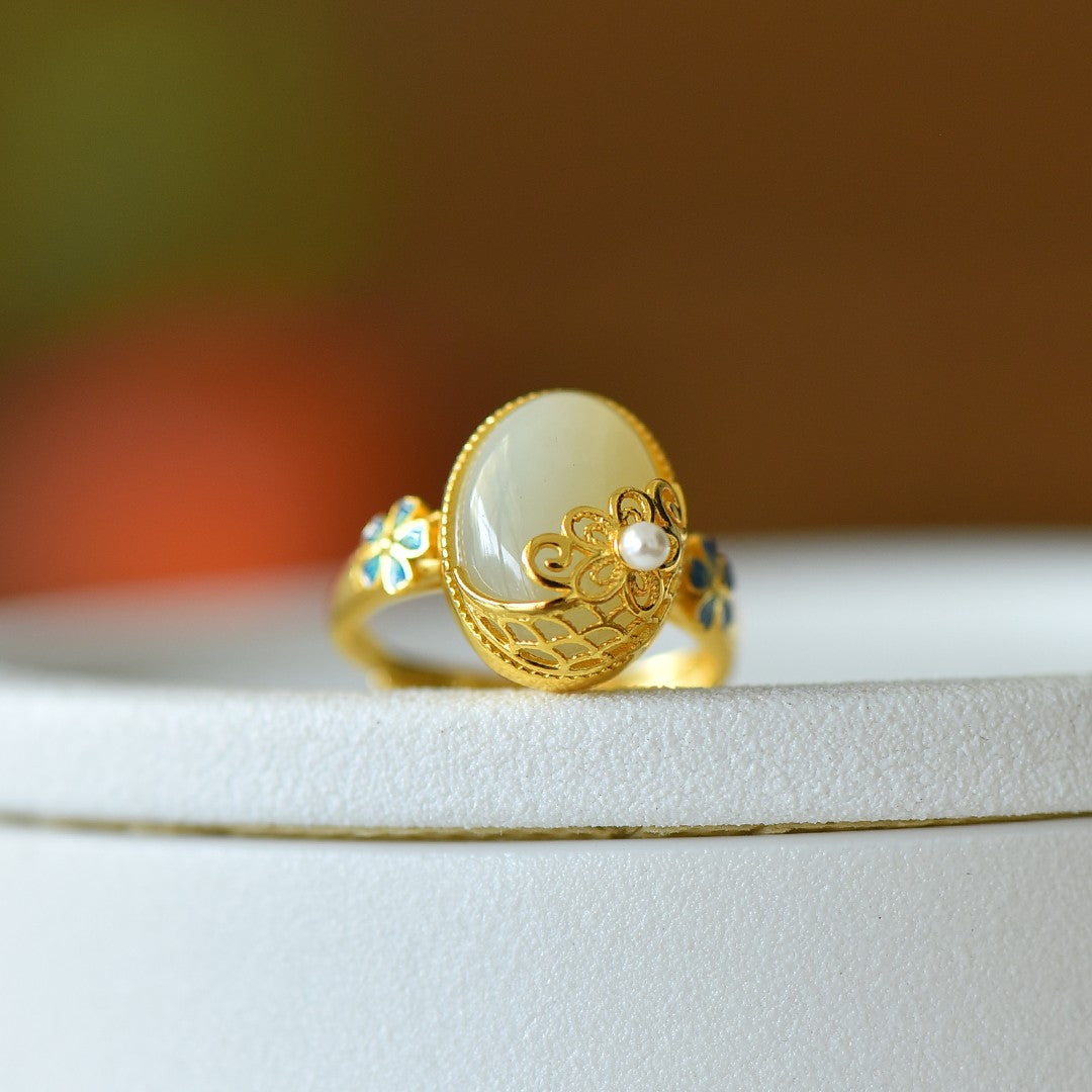 S925 Sterling Silver Enamel Nephrite Jade Cherished Ring - Ancient Style