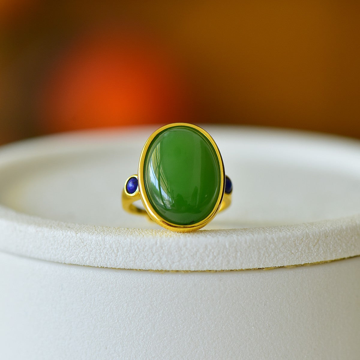 S925 Sterling Silver Nephrite Green Jade Simple Cabochon Ring