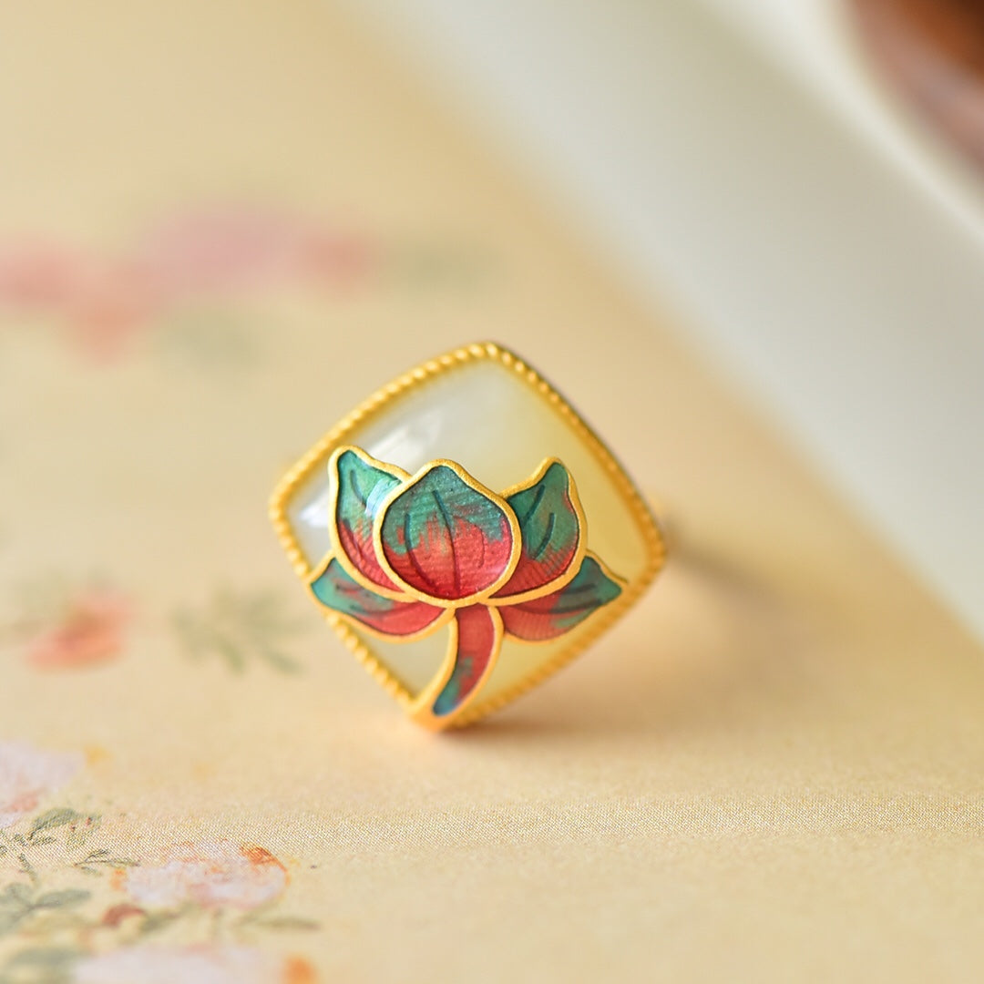 S925 Silver Enamel Nephrite Jade Lotus Luck Ring - Artisan Design