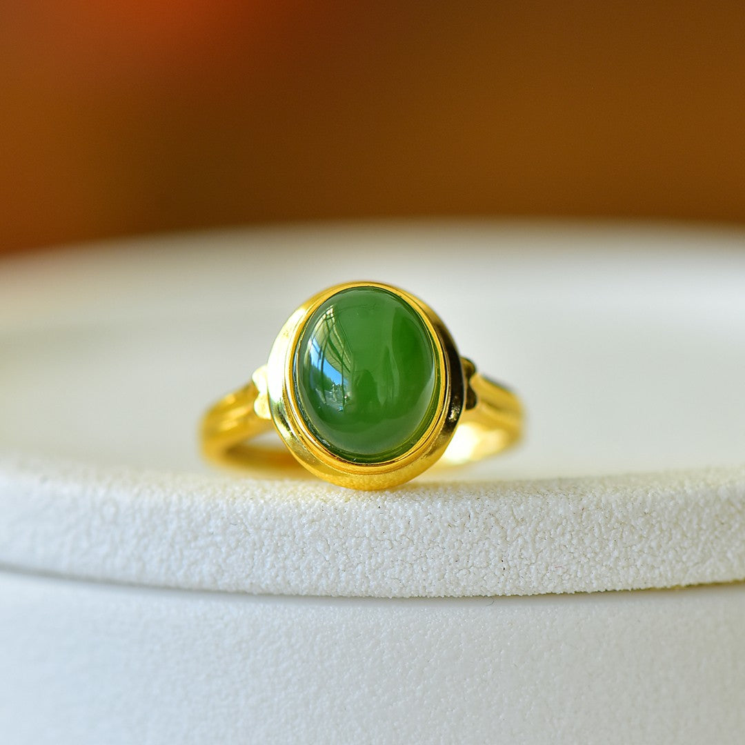 S925 Silver Enamel Nephrite Jade Cabochon Ring - Simple Style