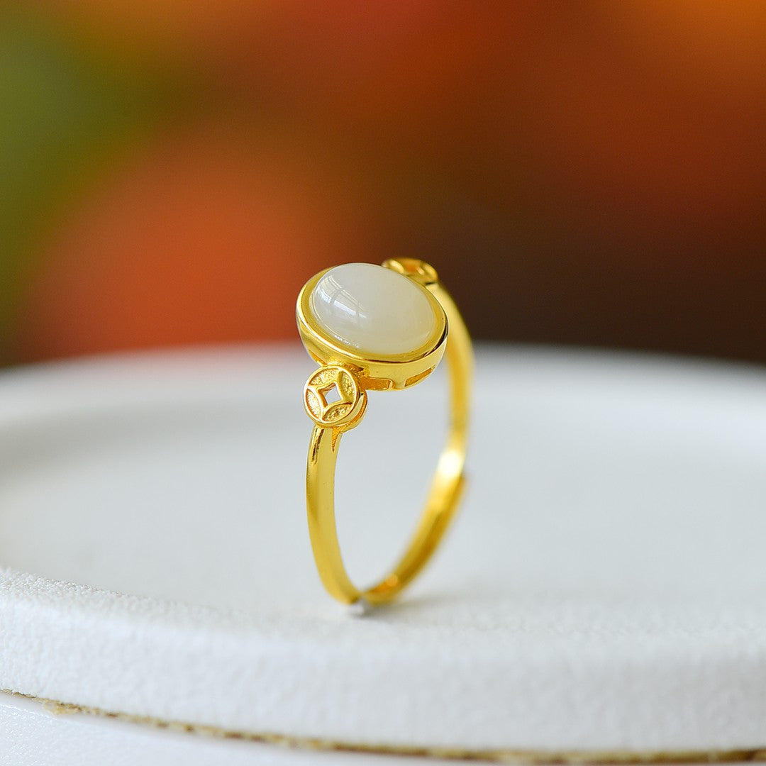 S925 Sterling Silver Nephrite Jade Prosperity Ring - Elegant Luck Jewelry