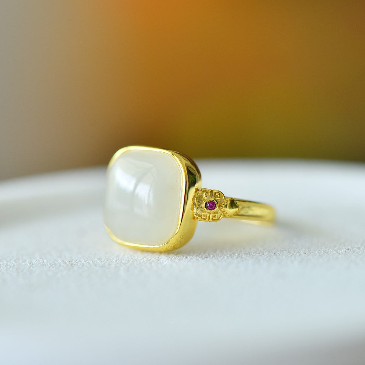 S925 Silver Nephrite Jade Sugar Cube Simple Silver Ring