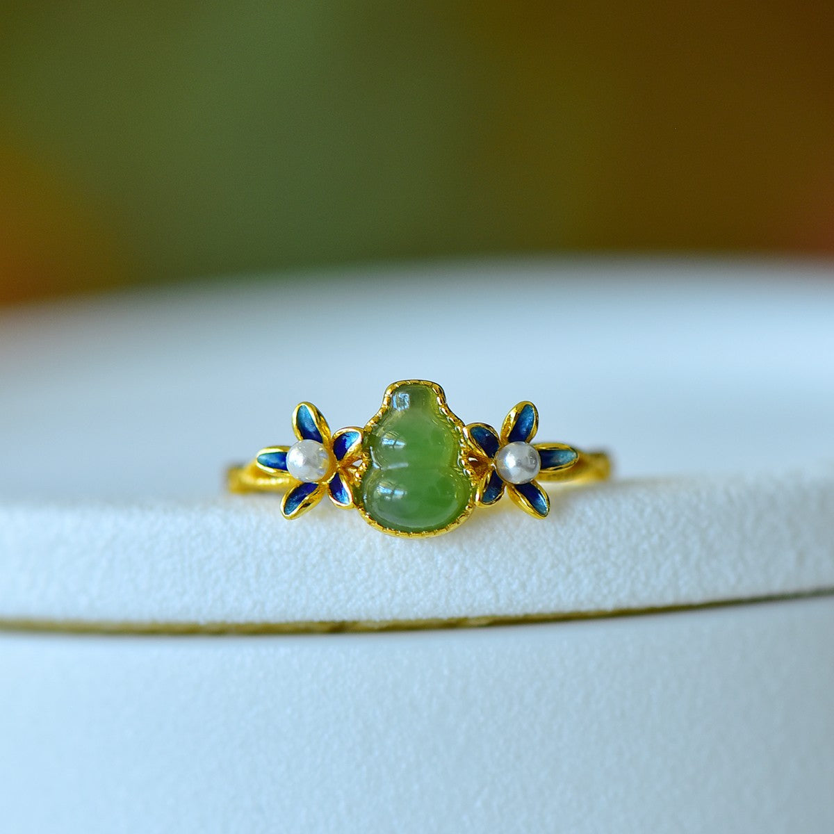 S925 Silver Nephrite Jade Gourd & Orchid Ring - Unique Design