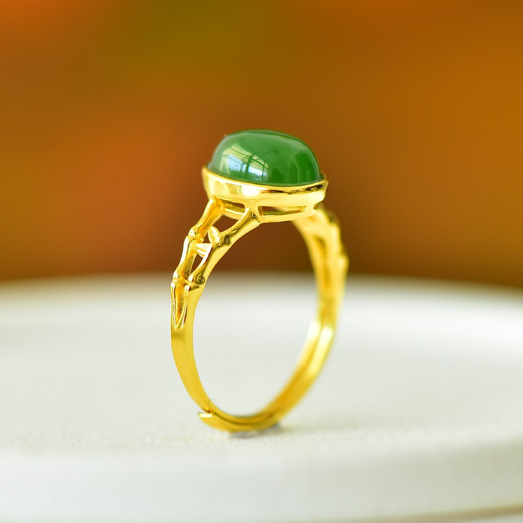S925 Sterling Silver Nephrite Green Jade Rising Success Bamboo Ring