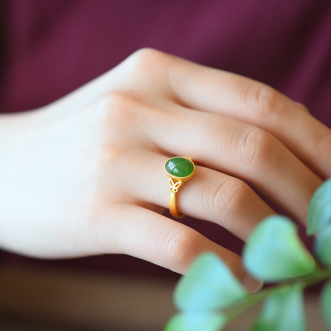 S925 Silver Enamel Nephrite Jade Cabochon Ring - Ancient Method Gold