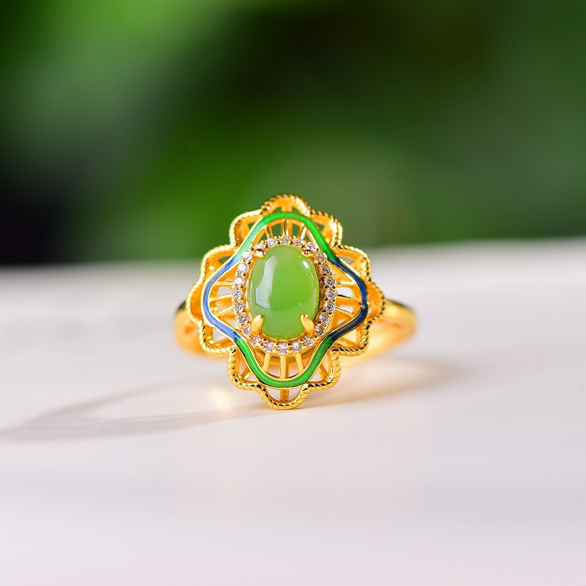 S925 Sterling Silver Nephrite Jade Filigree Cabochon Ring