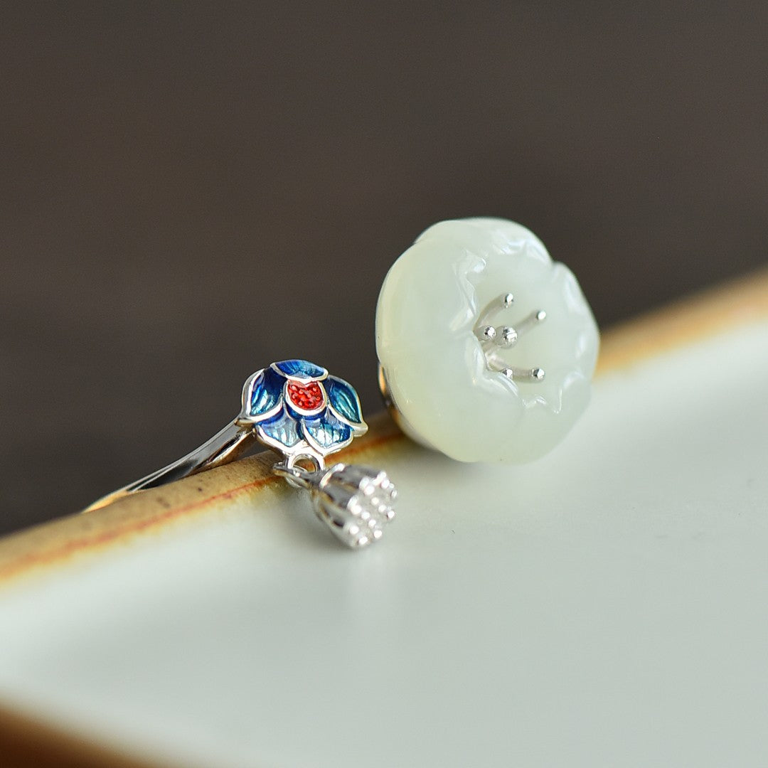 S925 Silver Nephrite Jade Lotus Ring - Elegant Artisan Style