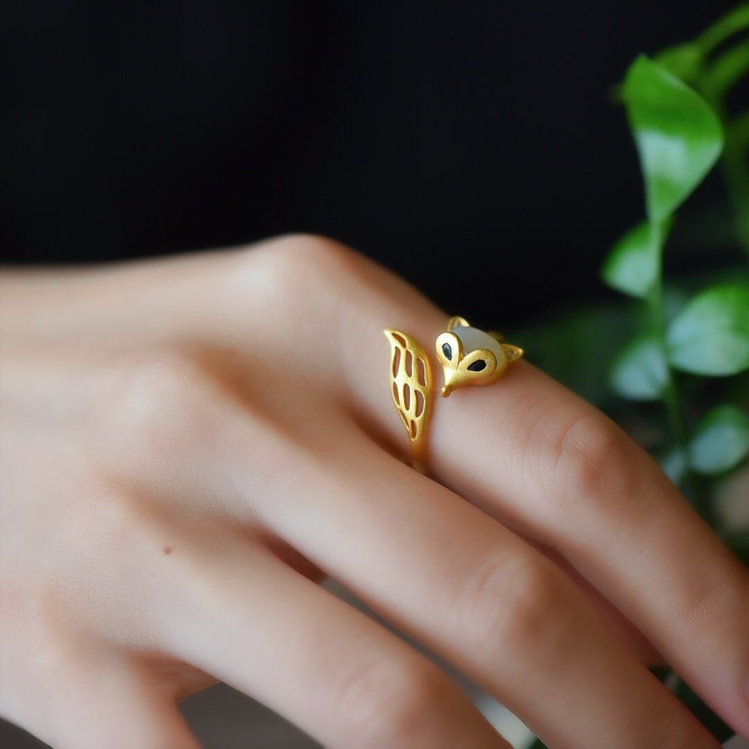S925 Sterling Silver Nephrite Jade Fox Ring - Romantic Luck