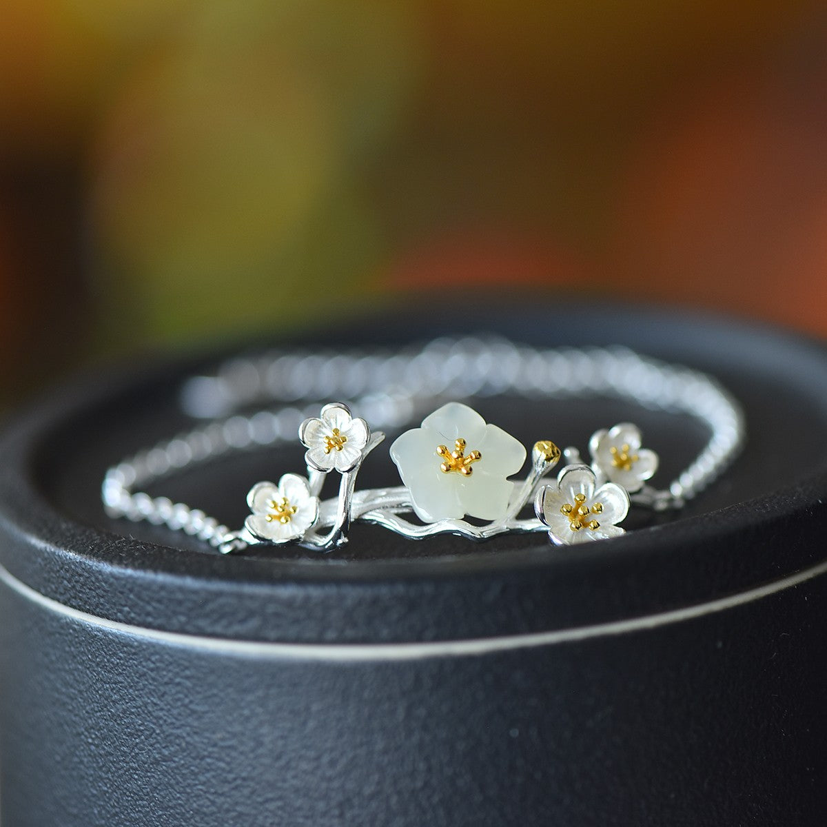 S925 Sterling Silver Nephrite Jade Bangle - Peony Flower Fine Jewelry