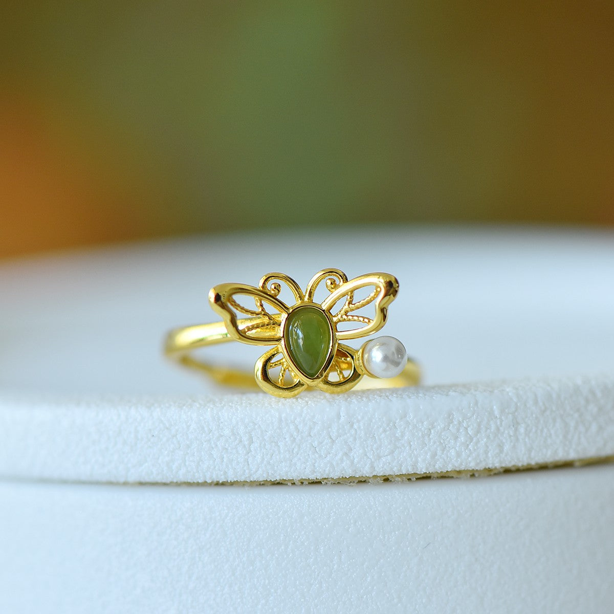 S925 Sterling Silver Nephrite Jade Butterfly Water-drop Ring