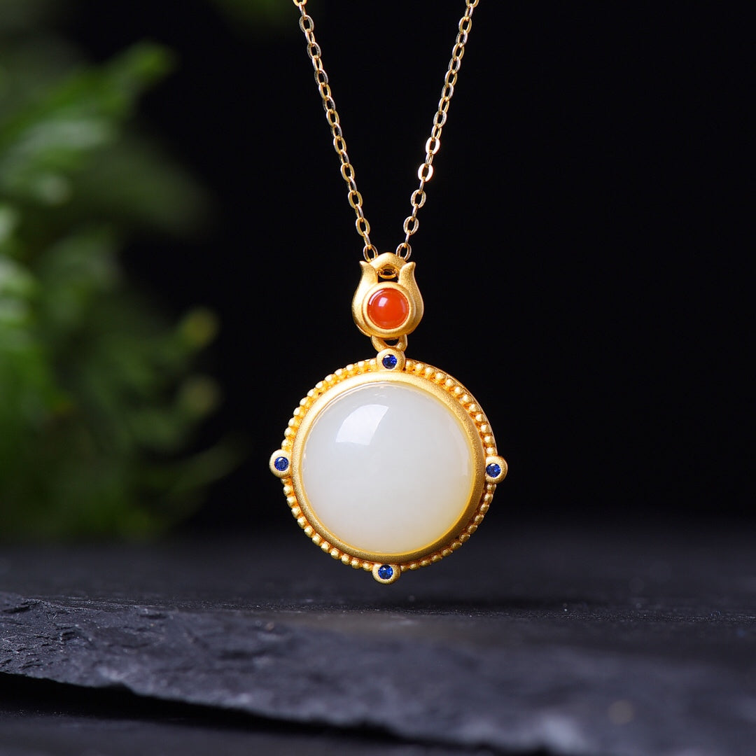 S925 Silver Nephrite Jade Frosted Gold Jewelry Set - Luxury Collection