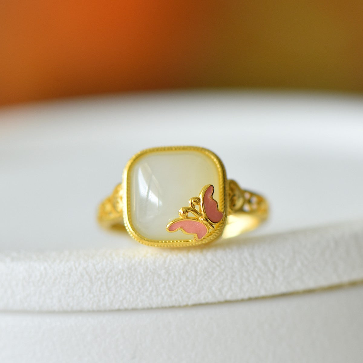 S925 Sterling Silver Enamel Nephrite Jade Butterfly Square Drum Ring