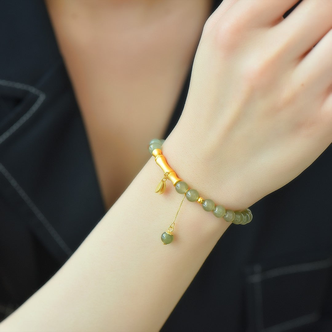 S925 Sterling Silver Nephrite Jade Bangle - Bamboo Joint Success Design
