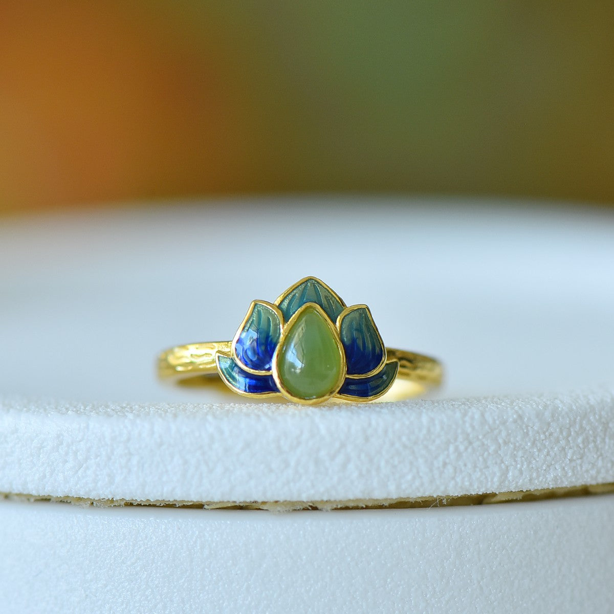 S925 Silver Nephrite Jade Lotus Water-drop Ring - Unique Design