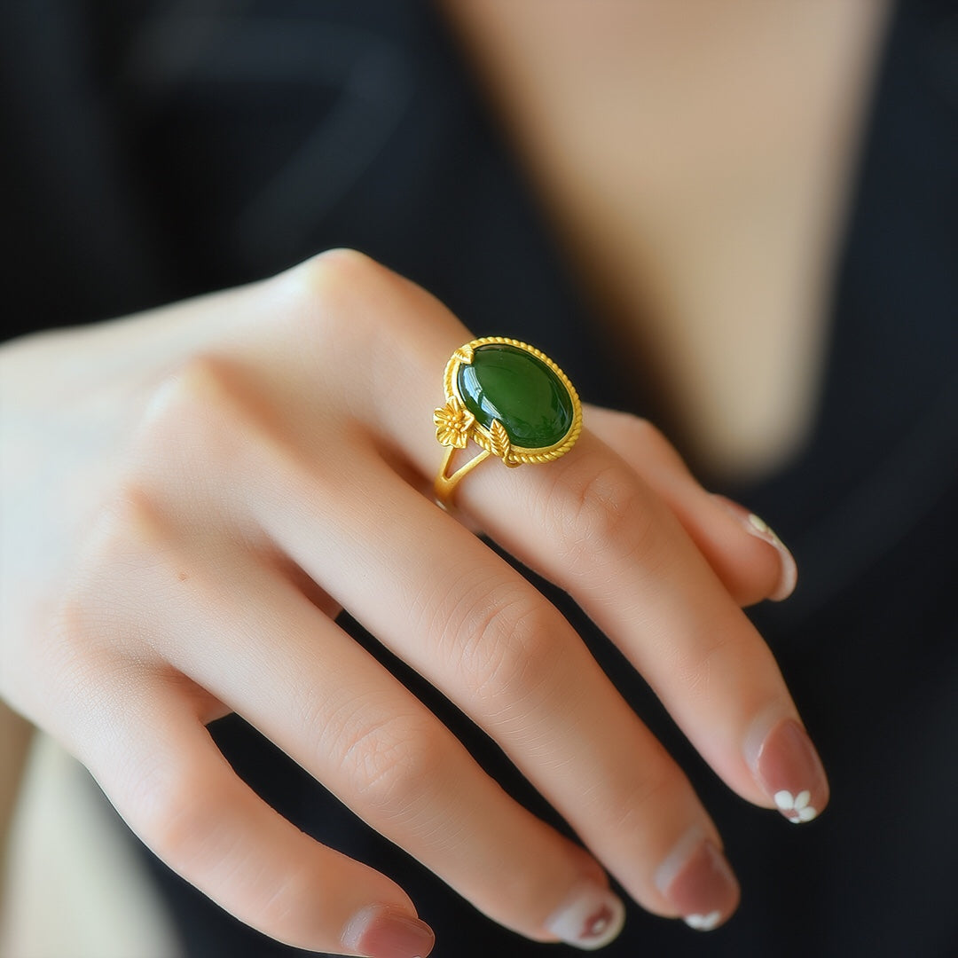 S925 Sterling Silver Nephrite Green Jade Cabochon Ring - Minimalist