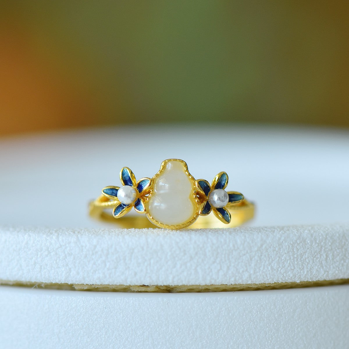 S925 Silver Nephrite Jade Gourd & Orchid Ring - Unique Style