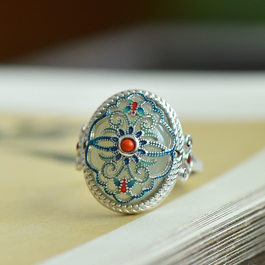 S925 Sterling Silver Enamel Nephrite Jade Prosperity Ring - Classical Style