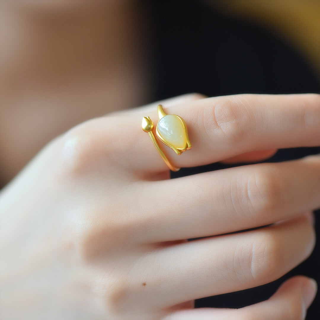 S925 Silver Nephrite Jade Rose Flower Ring - Unique Design