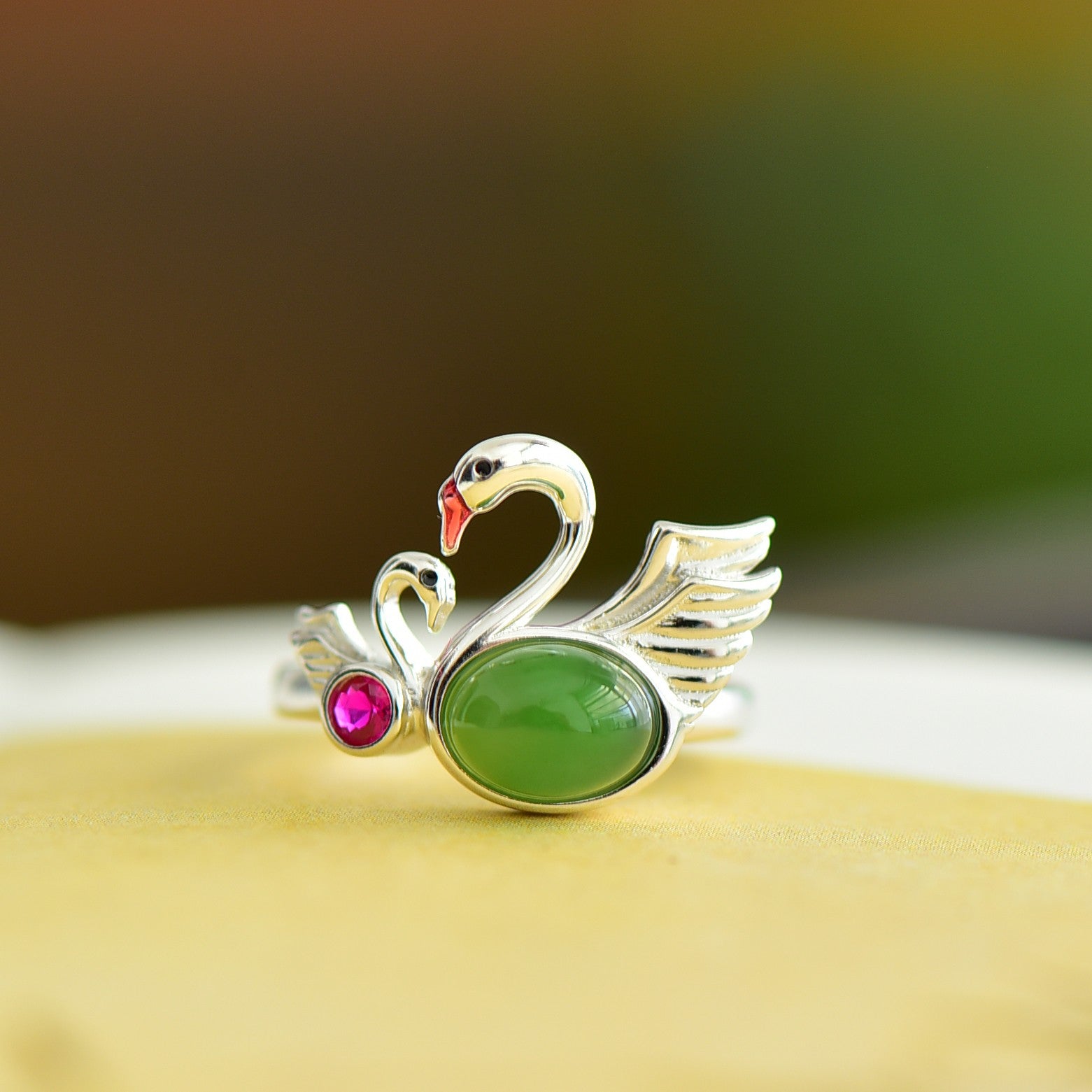 S925 Silver Nephrite Green Jade Swan Ring - Delicate Design
