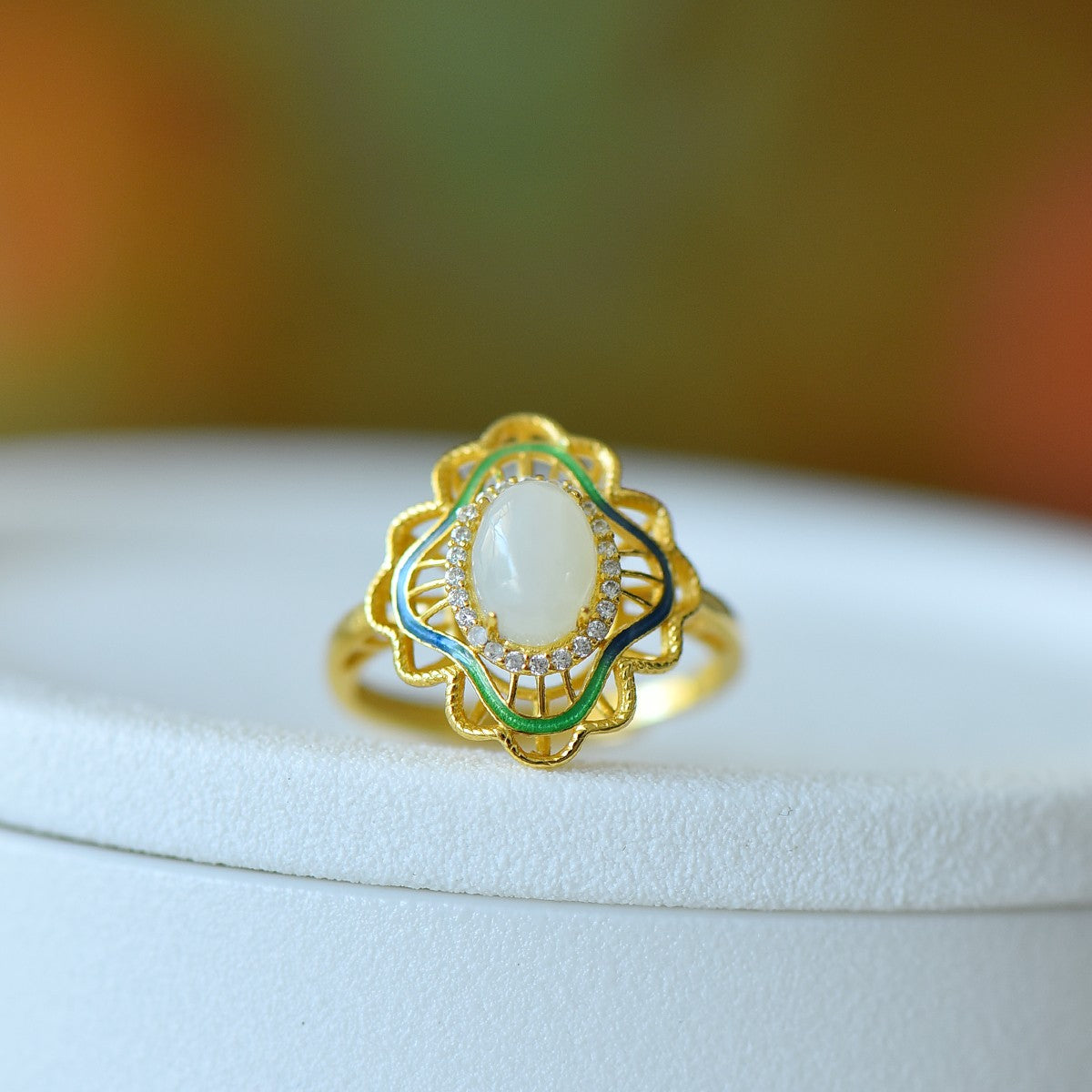 S925 Sterling Silver Nephrite Jade Filigree Hollow-out Ring