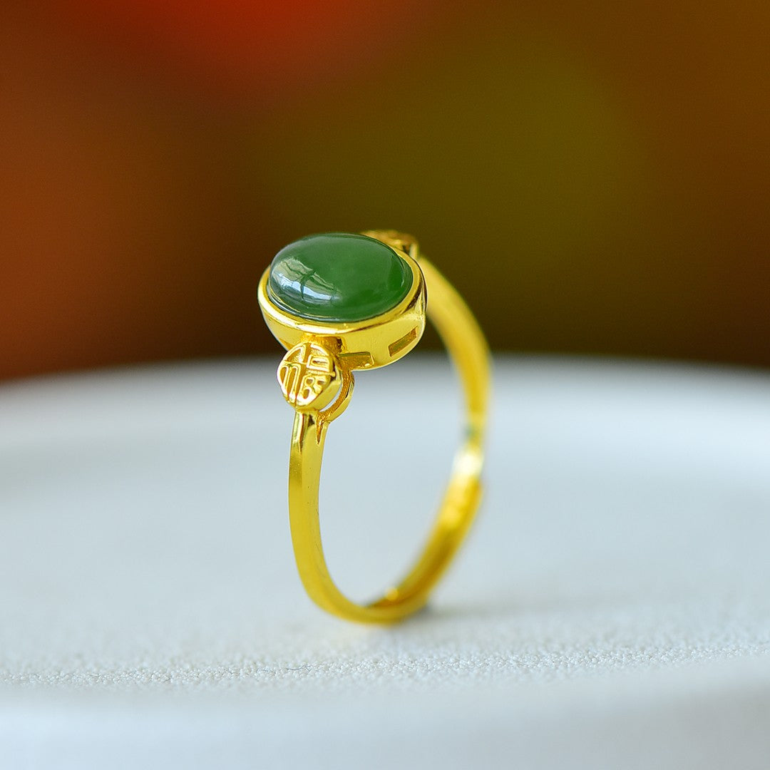 S925 Sterling Silver Nephrite Green Jade Cabochon Ring - Full of Luck