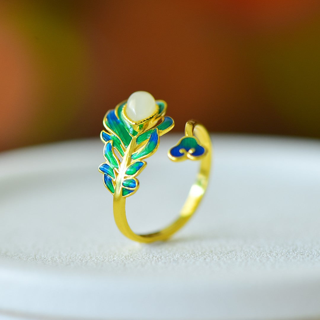 S925 Sterling Silver Enamel Nephrite Jade Noble Leaf Ring - Elegant Blossom