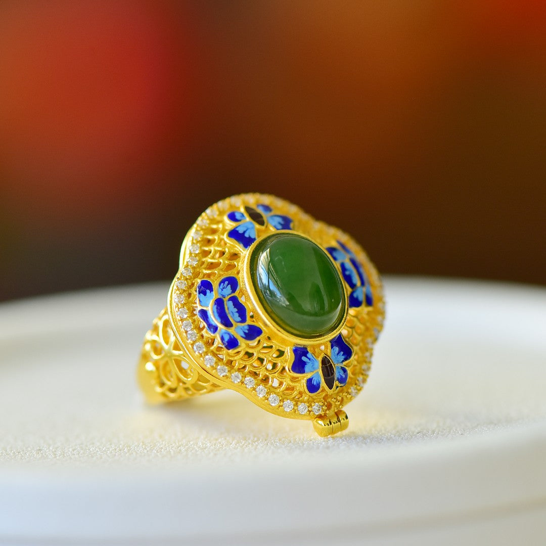 S925 Silver Nephrite Green Jade Butterfly Filigree Hollow-out Ring